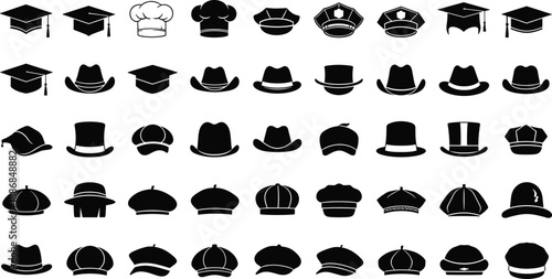 Hat silhouettes vector illustration set, collection of headwear icons including graduation, chef, police and fashion hats, isolated on white background