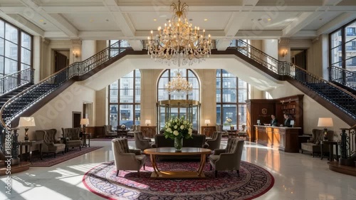 Elegant lobby interior with grand staircase and chandelier