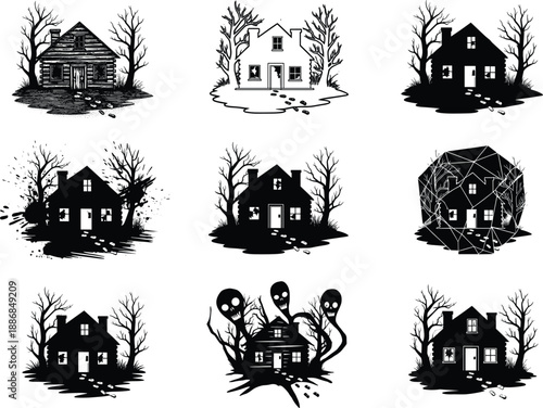 Haunted house vector illustration, spooky forest background, eerie atmosphere, Halloween theme, dark trees, glowing windows, horror concept, creepy cabin, ghostly scene
