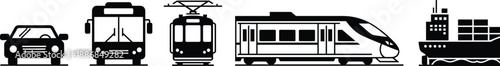 Urban transportation icon set with car bus tram train and cargo ship silhouettes for logistics mobility design