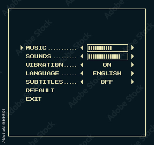 Retro pixel art game settings menu interface with music and sound sliders, vibration toggle, language and subtitles options. Classic 8-bit style UI screen for video game configuration, pause menu.