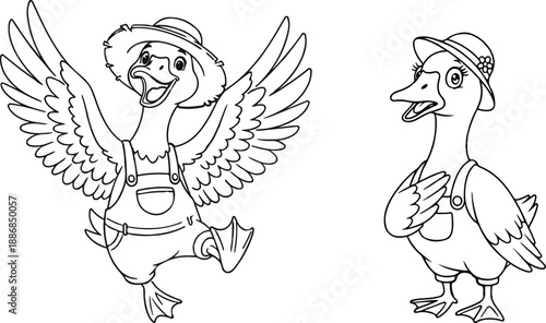 Coloring Page Farmer Goose Cartoon Line Art Character Outline Kids Activity Book