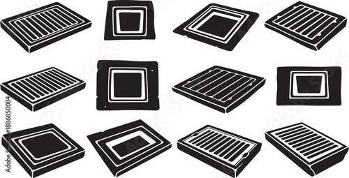 Black and white illustration of various vent covers collection