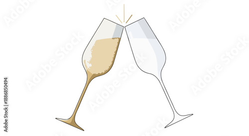 Two elegant champagne flutes clinking together in a celebratory toast, one filled with sparkling golden wine and the other empty, on a clean white background.