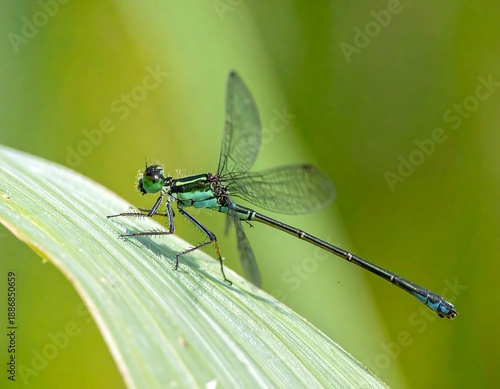A vibrant emerald damselfly rests on a broad green leaf, showcasing delicate wings and intricate body details, against a blurred green backdrop