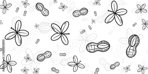 Seamless pattern of stylized peanuts and simple flowers in a sketched black and white design