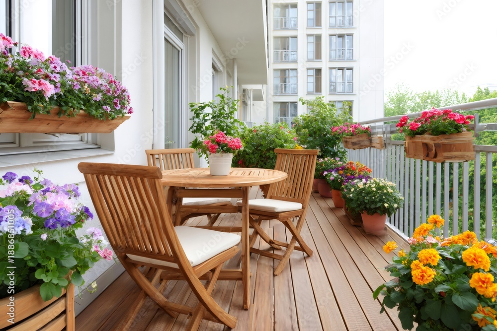 Obraz premium Balcony decorated with wooden furniture and blooming colorful flowers