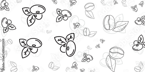 Seamless Pattern of Coffee Beans and Leaves in a Simple Line Art Style
