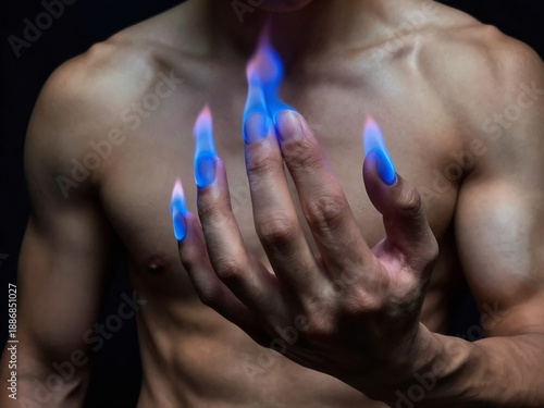 Mystical close-up of a hand with glowing blue flames on the fingertips. A powerful and supernatural visual perfect for fantasy themes, magic concepts, and high-contrast digital art.