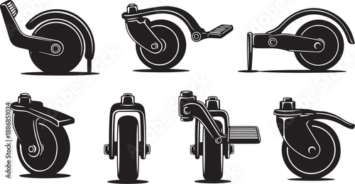 Casters and wheels in various orientations and positions shown