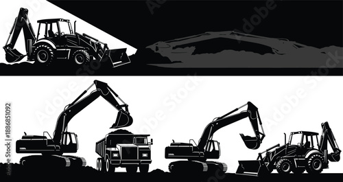 Heavy Excavation and Construction Machinery Vector Collection, Set of Black and White Silhouettes Featuring Excavators, Dump Truck, and Backhoe Loader, Industrial Equipment Graphic.