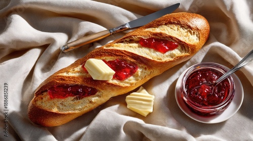 Freshly Baked French Baguette with Butter and Strawberry Jam on a Soft Beige Fabric Background