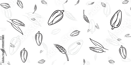 Abstract Line Art Pattern of Grains and Seeds on a White Background