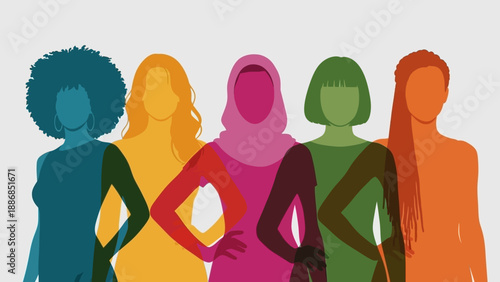 Diverse Women Silhouettes: Colorful Group Portrait Representing Unity, Feminism, Empowerment, and Global Sisterhood.