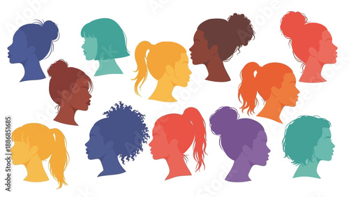 Collection of Diverse Female Profile Silhouettes. Multiracial women, various hairstyles, vibrant colors. Beauty and Identity vector illustration.