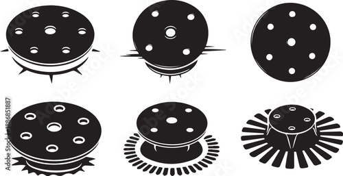 Black and white illustration of various circular objects designs