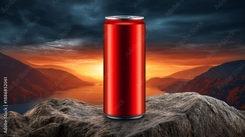 Naklejka premium Red aluminum can product mockup on mountain sunset