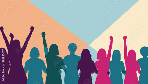 Group of diverse activists raising fists in solidarity. Vibrant vector illustration symbolizing unity, empowerment, equality, and social justice protest.