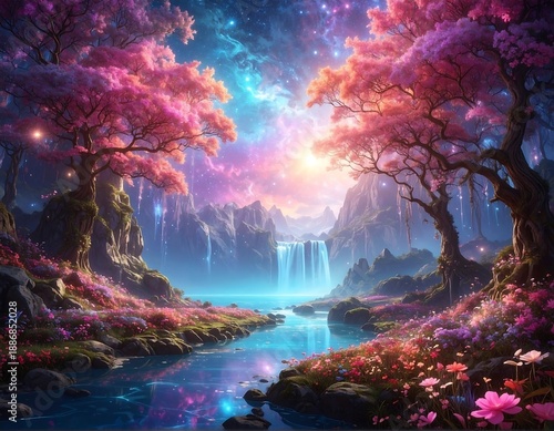 A vibrant ethereal landscape featuring cherry blossom trees, cascading waterfalls, and a star-filled sky