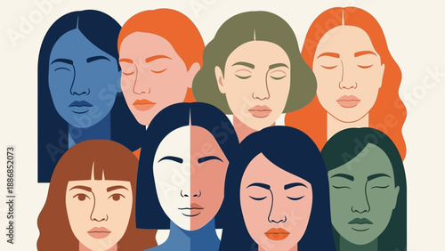 Diverse Women Faces Illustration. Global Sisterhood, Unity, and Female Empowerment. Modern Graphic Art Style.