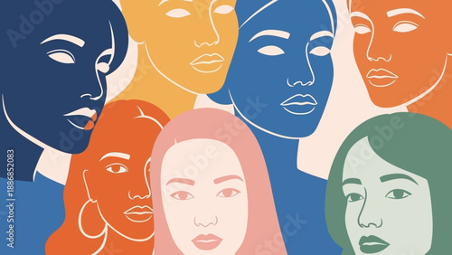 Diverse Women Faces Illustration. Modern Flat Graphic Design Representing Female Community, Solidarity, and Empowerment in Bold Colors.