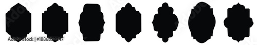 Set of vintage black labels and ornate frames. Decorative badge shapes for product packaging, branding, and logo design. Vector blank stickers, price	
