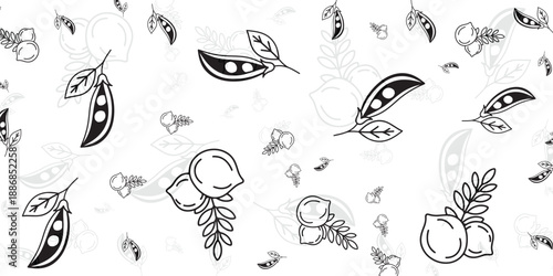 Seamless Pattern of Fresh Peas and Chickpeas with Leaves in a Black and White Sketch