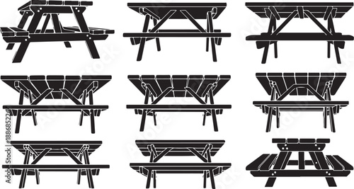 Various Wooden Picnic Tables in Different Angles and Positions