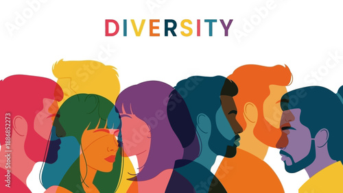 Diversity and Inclusion Concept: Colorful Illustration of Abstract Multiracial People Profiles Standing Together for Equality and Community.