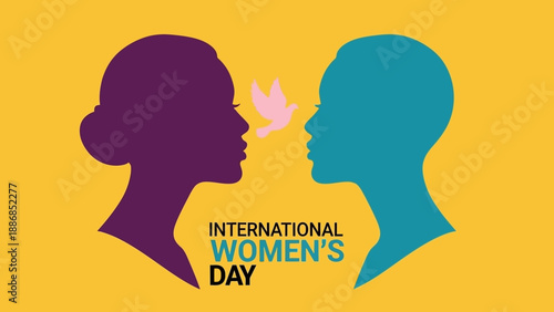 International Women's Day Banner Design: Female Silhouettes, Dove of Peace, and March 8th Celebration Graphic