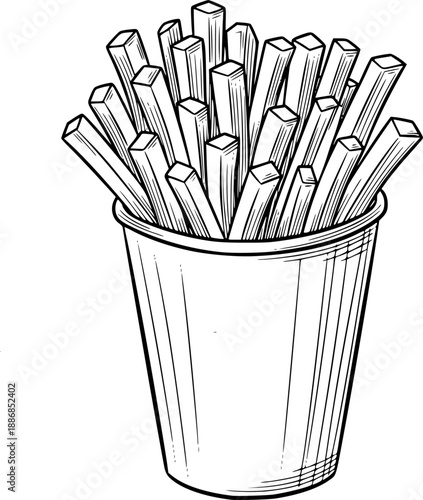 Illustration of french fries in a cup drawn in black and white hand sketched style. Vector illustration
