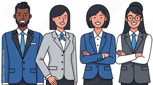 Four business professionals standing together in a corporate environment from a front viewpoint