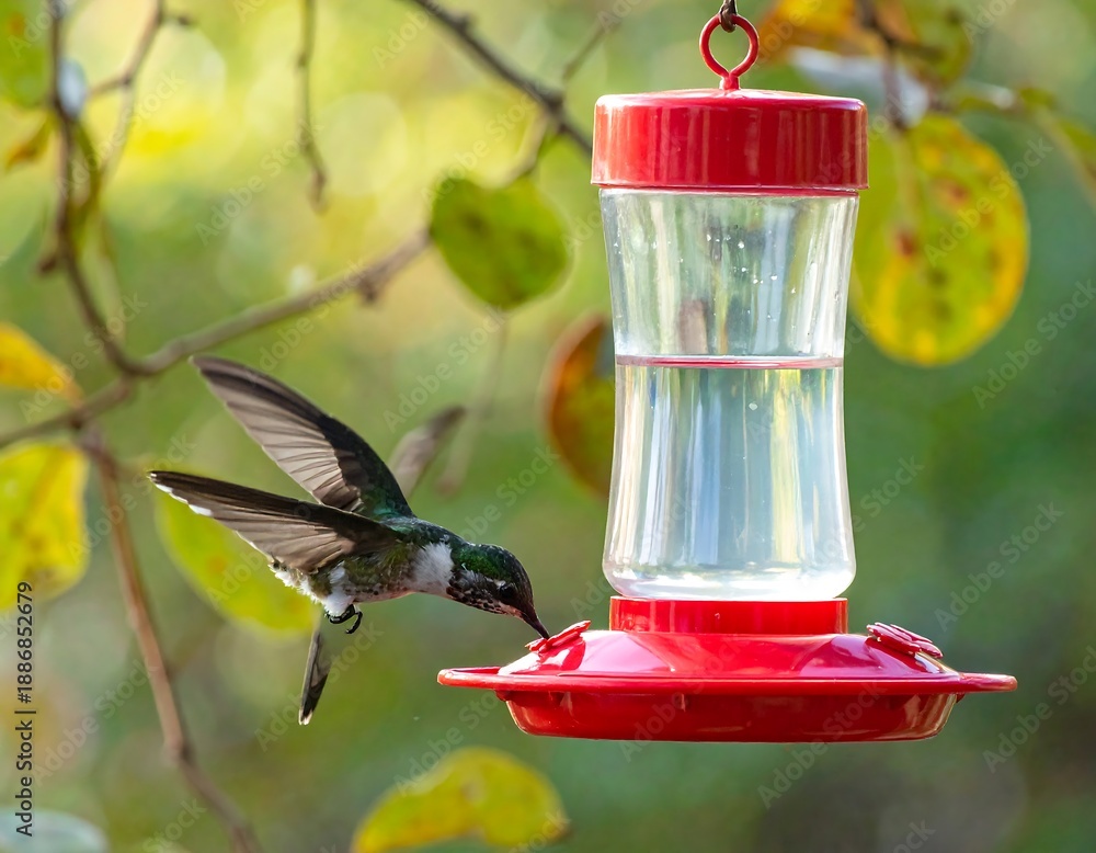 Fototapeta premium A tiny, vibrant bird hovers near a red and clear feeder, drinking fluid with wings outstretched. Leaves and blurred greenery are in the background