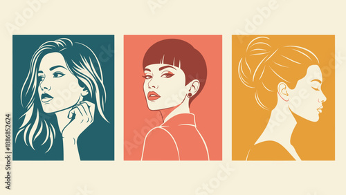 Retro Female Portraits Triptych Set. Pop Art Graphic Illustration of Diverse Women's Faces, Hair, and Beauty Styles. Vintage Poster Aesthetic.