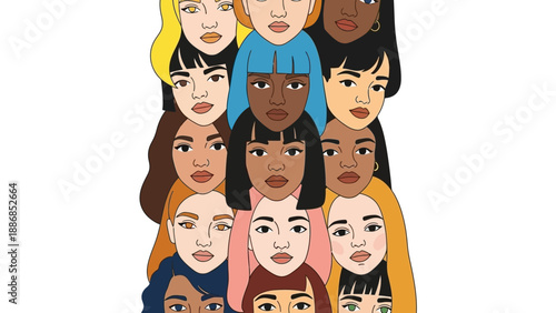Diversity and Inclusion Illustration: Stacked Faces of Diverse Women Representing Global Community, Unity, and Female Empowerment Vector Art.