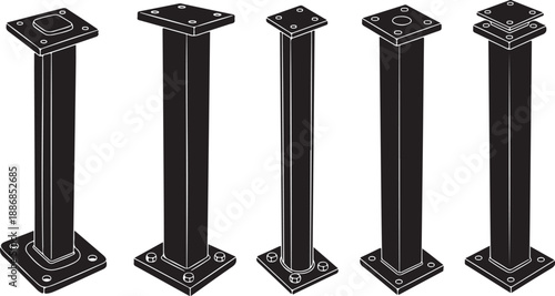 Five black metal pillars on square bases stand upright