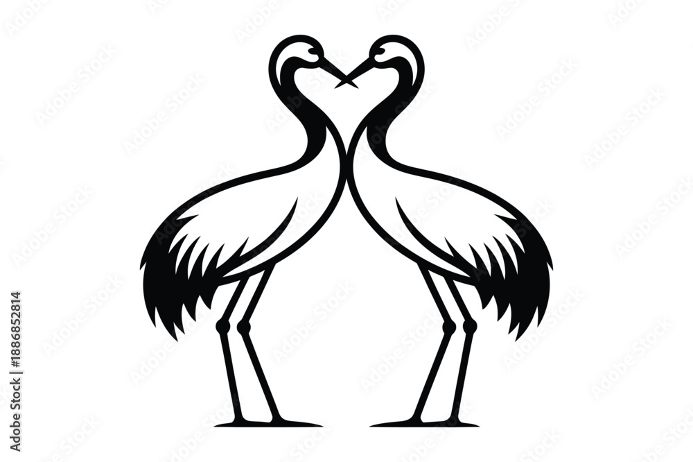 Fototapeta premium Symbolic Black and White Outline of Two Cranes Forming Heart