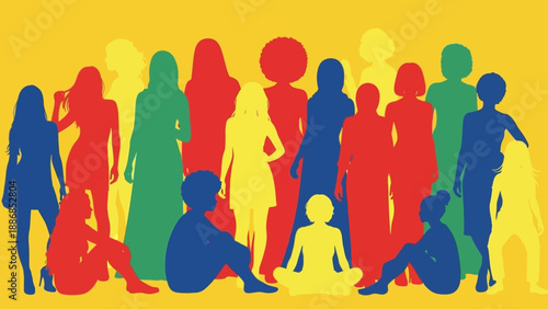 Diverse Women Silhouettes in Bold Primary Colors on Yellow. Female Unity, Empowerment, and Solidarity Group Illustration.