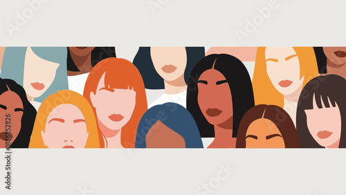 Diverse Women Crowd Banner Illustration. Multicultural Group Portrait. Empowerment, Unity, and Feminism Flat Vector Design.