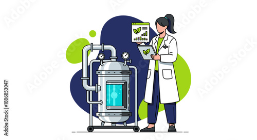 Scientist in Lab Coat Examining Equipment and Data.