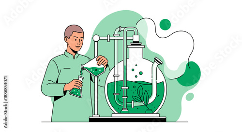 Scientist performs chemical experiment in laboratory with glassware.