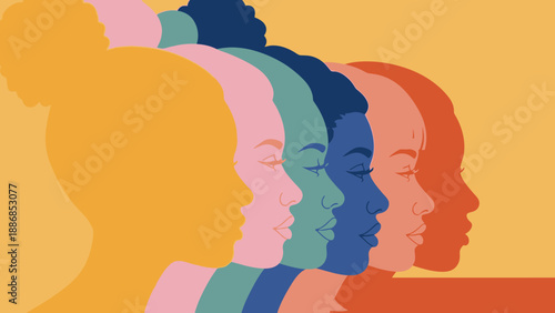 Global Diversity and Unity of Women Profiles Illustration: Sisterhood, Female Empowerment, and Equality Vector Art in Bold Colors