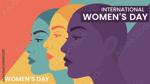 International Women's Day Banner: Diverse Women Profiles in Flat Design Style. Global Unity and Female Empowerment Illustration.