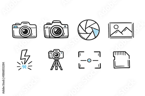 Collection of simple line art icons representing photography equipment and concepts