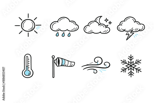 Collection of hand-drawn weather icons including sun, rain, night, lightning, thermometer, windsock, and snowflake