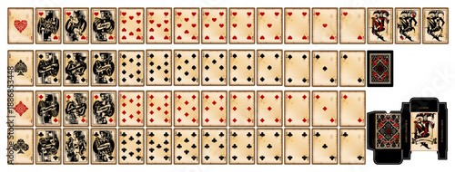 A full deck (55) of playing cards (88x63 mm) in vintage engraving style on grunge old shabby yellowed paper background with a brown frame and box, design isolated on white. Vector illustration