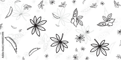Whimsical botanical pattern of leaves and seed pods in a delicate line art style