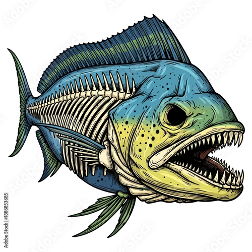 Mahi mahi dorado fish skeleton illustration with angry face and sharp teeth for sport fishing mascot