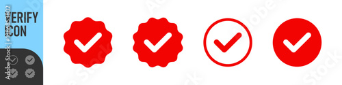 Account verify icon, verified badge icon with check mark tick symbol: confirmed, approved, verification icons. Color options for verification icons