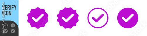 Account verify icon, verified badge icon with check mark tick symbol: confirmed, approved, verification icons. Color options for verification icons